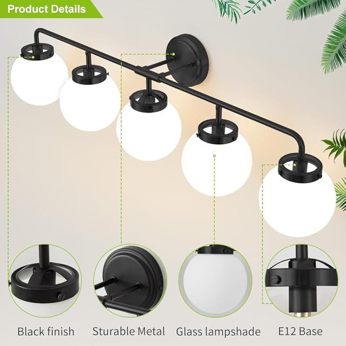 Bathroom Light Fixtures Over Mirror, 5-Light Matte Black Vanity Lighting with Milk White Glass Globe Shades Modern Wall Sconce