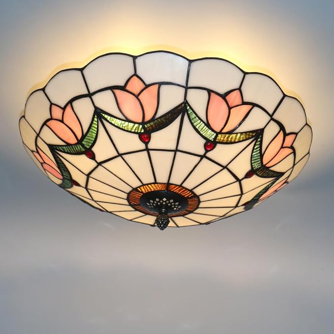 16 Inch Tiffany Style Stained Glass Ceiling Light Flush Mount Ceiling Light Vintage Chandeliers Pendent Light Fixtures (16 Inch Pink)