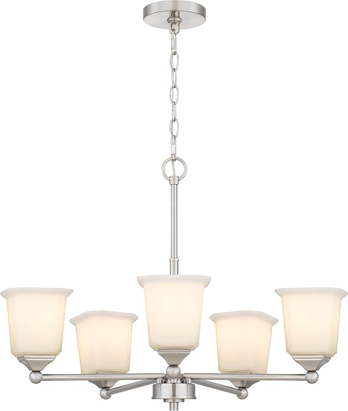 Tawson Nox 5-Light Chandelier Pendant Ceiling Light Brushed Nickle White Glass Shade Adjustable Height for Hallway, Entryway, Passway, Dining, Bedroom, Kitchen, Balcony Living Room