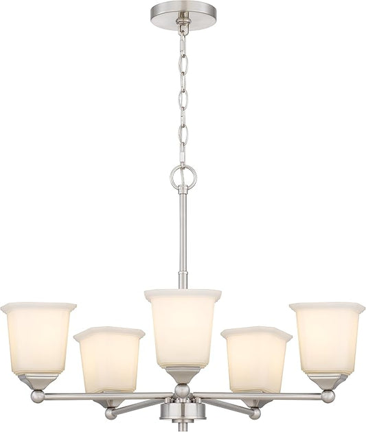 Tawson Nox 5-Light Chandelier Pendant Ceiling Light Brushed Nickle White Glass Shade Adjustable Height for Hallway, Entryway, Passway, Dining, Bedroom, Kitchen, Balcony Living Room