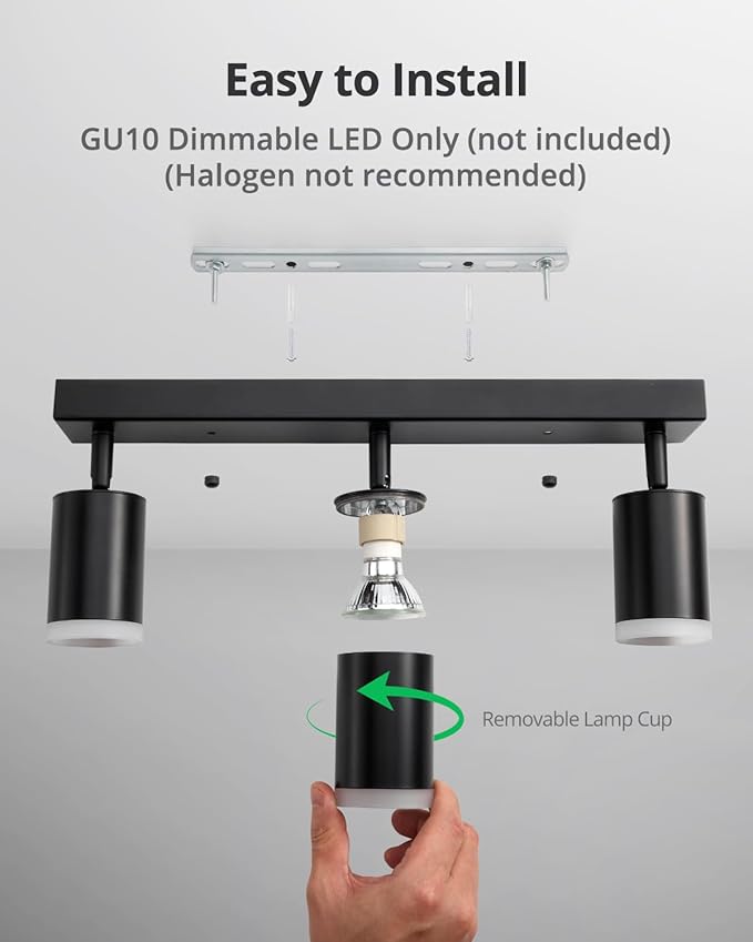 Bojim Plug in Ceiling Track Lighting with 14.3ft Power Cord for Kitchen, Dimmable LED Spotlight Wall Mounted for Sala, Black 3 Lights Fixture Removable Cup for Bedroom Farmhouse Studio, GU10 No Bulb