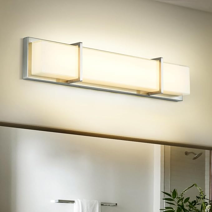 Vanity Lights 27In Warm White Bathroom Lighting Fixtures Over Mirror 28W 3000k Dimmable Modern Brushed Nickel Vanity Light for Toilet, Kitchen, Cabinet, Wall