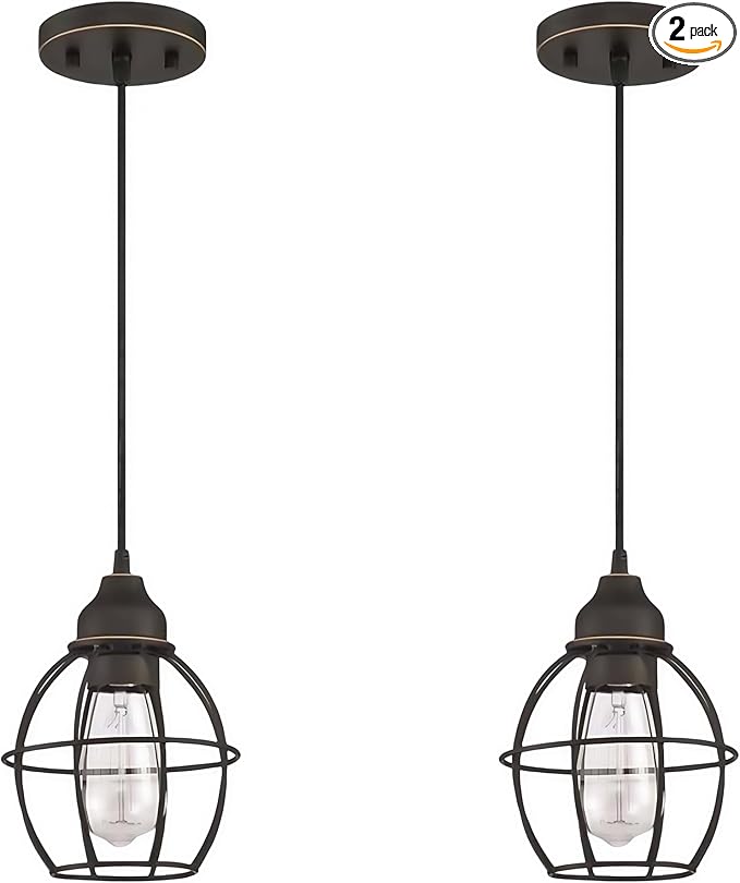 WISBEAM Oil Rubbed Bronze Kitchen Island Pendant Lighting Fixture, Cage Hanging Pendant Lights with E26 Medium Base Max. 60 Watts, Bulbs not Included, 2-Pack