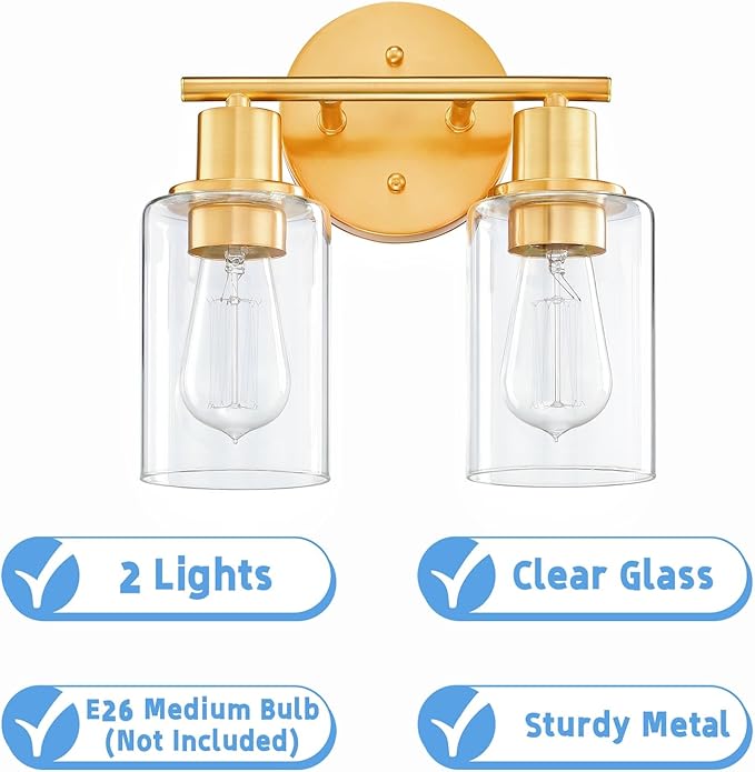 WISBEAM 2-Light Bathroom Vanity Light, Gold Bathroom Light Fixture Over Mirror with Clear Glass Shade Including E26 Medium Base, Bulb NOT Included, Brass Vanity Light Fixture