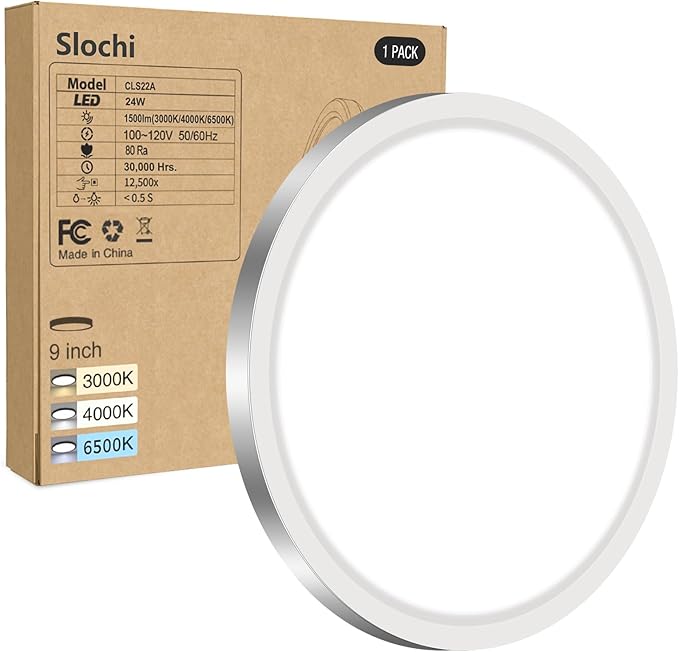 slochi 1Pack LED Flush Mount Ceiling Light Fixture, 9 Inch Light Fixture, 3000K-4000K-6500K Round Flat Bedroom Lights, Closet Round Surface for Bathroom Laundry Bedroom Hallway