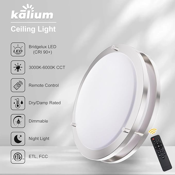 Kalium LED Ceiling Light with Remote 2 Pack 13 Inch Flush Mount Ceiling Light Fixture, 24W 3000K-6000K Adjustable Color Temperature, Dimmable Lighting Fixtures for Kitchen Bedroom Living Room Hallway
