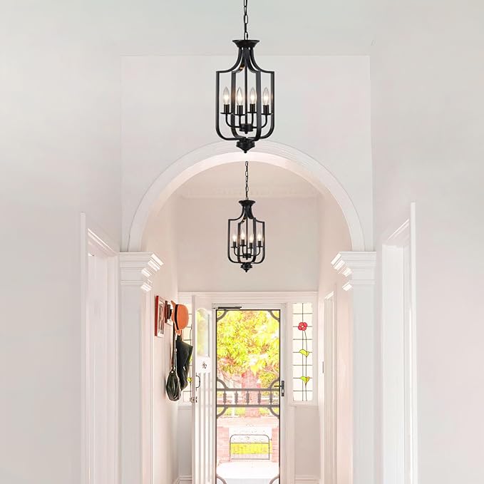 10.63" Black Chandelier 4-Lights Modern Farmhouse Lantern Chandeliers for Dining Room Rustic Metal Cage Industrial Vintage Adjustable Pendant Light Fixture for Foyer Kitchen Entryway Hallway E12