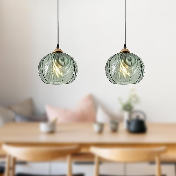 Mid Century Pendant Lamp Green Glass Ceiling Hanging Lamp, Classic Green Glass Globe Shade, Black Pendant Light Fixtures for Kitchen Island Dining Room Bedroom, Set of 2