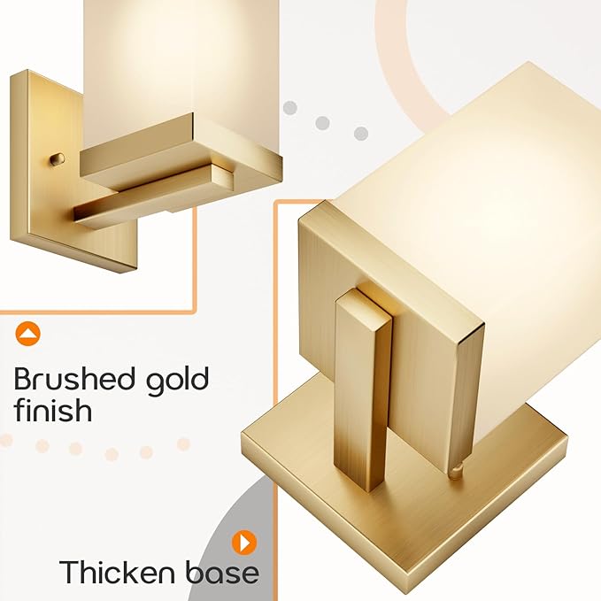 Vanity Lighting Fixtures with White Frosted Glass Shade, Brushed Gold Wall Lamps Over Bathroom Mirror for Bedroom Living Room Porch, 2 Pack T003GD-L1-P2