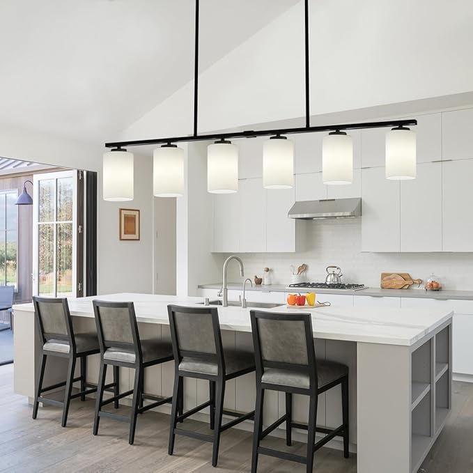 6-Light Modern Island Lights for Kitchen, Black Dining Room Light Fixtures Over Table, Pendant Lighting Over Island Kitchen Hanging Light Fixtures 45.27'' Large Chandeliers with Milky Glass Shades