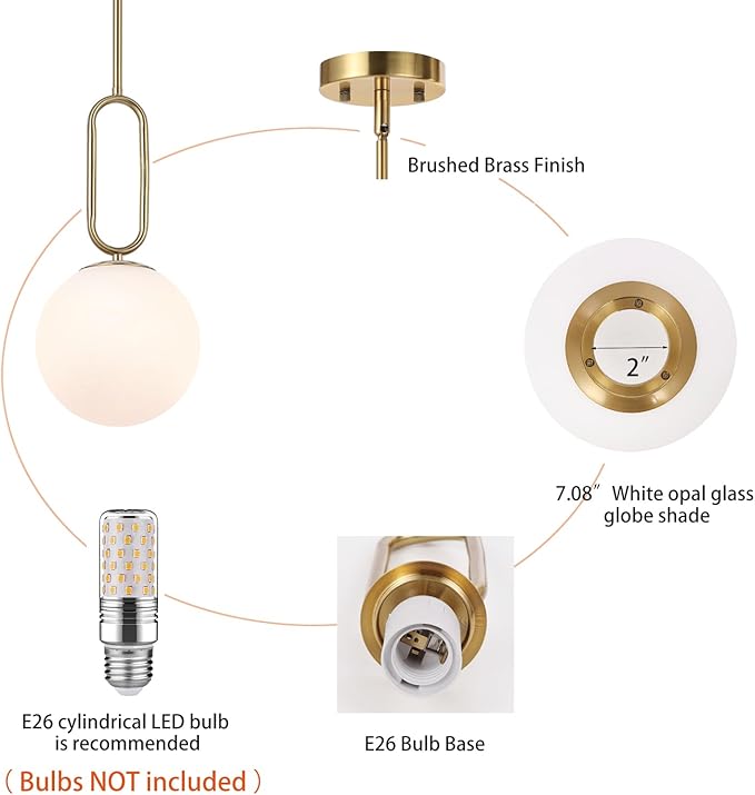 Modern Gold Globe Pendant Light White Globe Glass Shade Brushed Brass Finished Adjustable Rods Hanging Light Fixtures for Kitchen Island Living Room