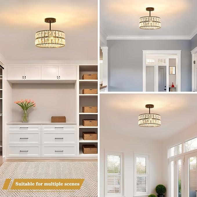 Matte Black Crystal Ceiling Light, Modern Semi Flush Mount Ceiling Lighting, Hallway Lighting Fixtures, Small Chandelier Light Fixture for Kitchen Entryway Bedroom Dining Room, 3-Light, 12 Inch