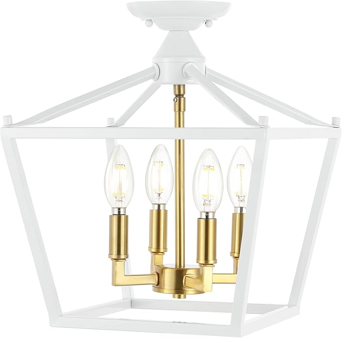 JONATHAN Y 12" White/Brass Gold Modern Farmhouse Pagoda 4-Light LED Semi Flush Mount Lantern, Metal Ceiling Light Fixture for Kitchen, Hallway, Entryway, Bedroom, Hardwired (JYL7610F)