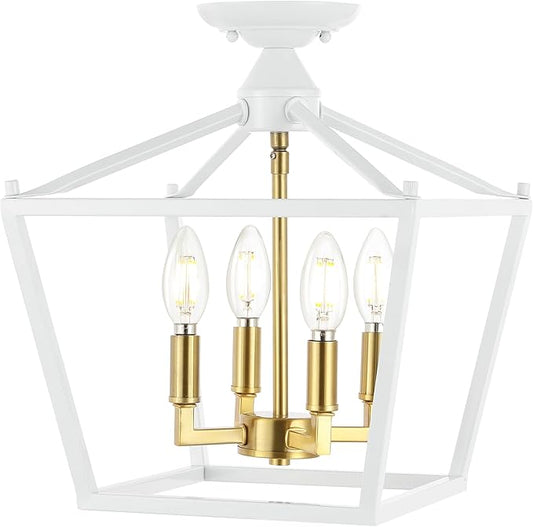 JONATHAN Y 12" White/Brass Gold Modern Farmhouse Pagoda 4-Light LED Semi Flush Mount Lantern, Metal Ceiling Light Fixture for Kitchen, Hallway, Entryway, Bedroom, Hardwired (JYL7610F)