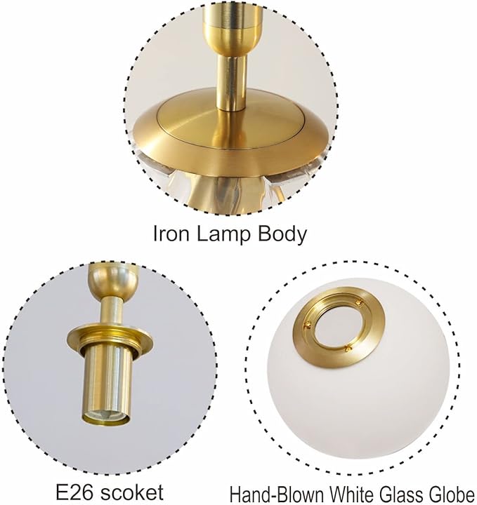 KCO Modern Gold Globe Pendant Lamp Plug in Mid Century White Frosted Glass Adjustable Ceiling Lamp Industrial Brass Gold Round Ball On/Off Chandelier for Farmhouse Kitchen Island Bedroom