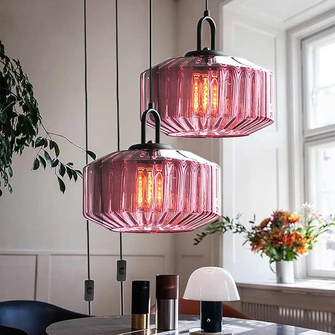 Plug in Hanging Light Glass Globe Pendant Light Plug in Mid Century Modern Pendant Light Fixture with 14.7 ft Cord Purple Striped Glass Shade for Living Dining Room Farmhouse Kitchen