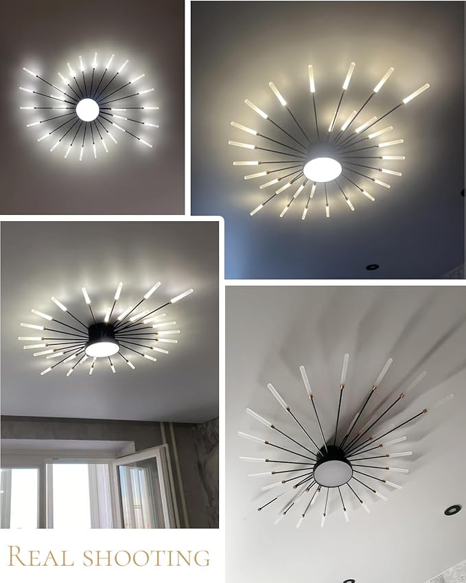 Modern Firework Ceiling Lamp, 29 Lights Metal Black Sputnik Flush Mount Ceiling Light Fixture, 40W LED Flower Chandeliers Lighting Fixture for Farmhouse Kitchen Dining Room Bedroom Living Room