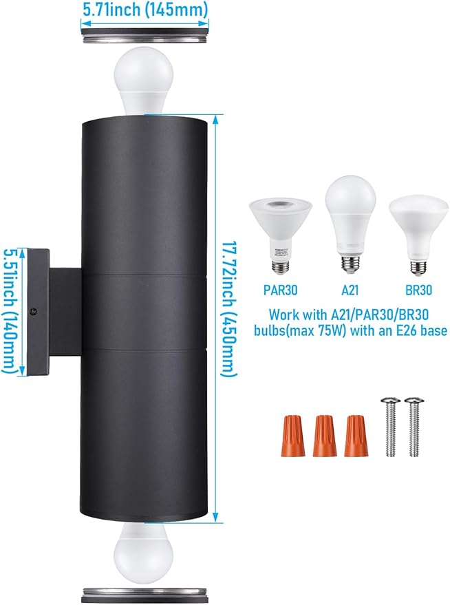 LEONLITE Modern Outdoor Cylinder Wall Lights 18", Up and Down Porch Patio Lights, Matte Black Waterproof Wall Sconce, Aluminum, E26 Base, Exterior Light Fixture Wall Mount, ETL, Pack of 2
