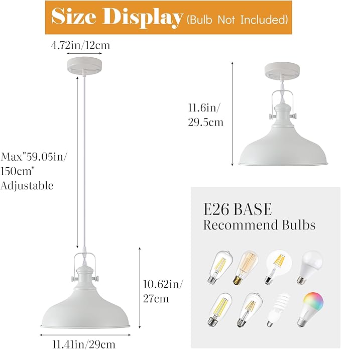 White Pendant Lights 2 Pack, Farmhouse Pendant Lights for Kitchen Island, 11.41" Kitchen Pendant Lighting, Modern Hanging Light Fixtures for Kitchen Dining Room