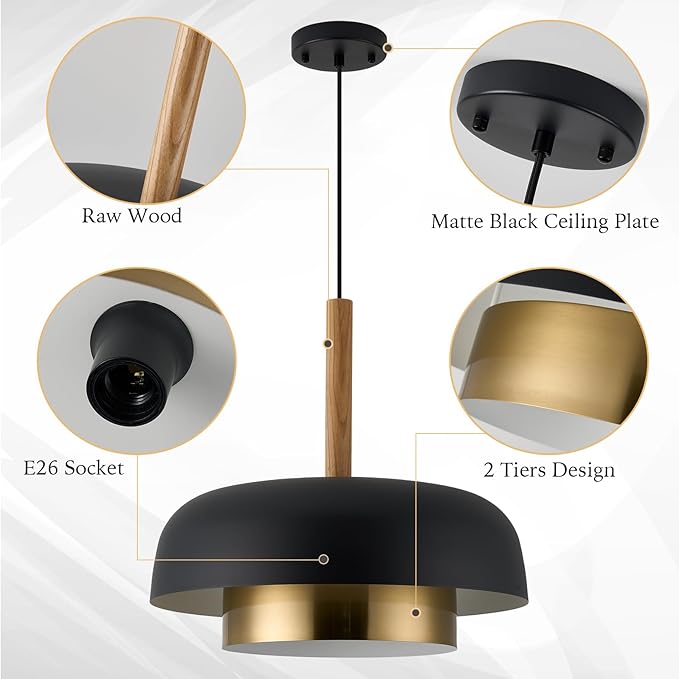 Mid Century Large Pendant Lighting,18.8 inch,Double-Layer,Real Wood Accent,Black and Gold Modern Chandelier for Dining Room,Kitchen, Living Room
