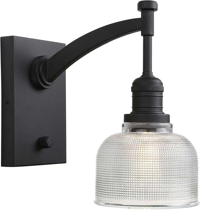 Yosoan Vintage Indoor Wall Sconce with On Off Switch, 1-Light Hardwired Vanity Industrial Boho Retro Modern Wall Mounted Bowl Texture Striped Glass Shade for Living Room Bedroom Bedroom(Black)