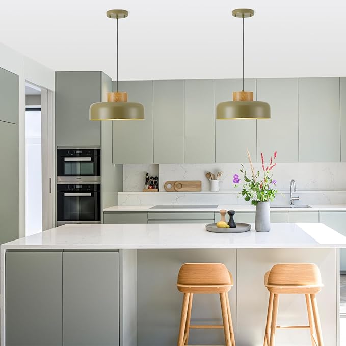 Mid-Century Modern Pendant Light,12.6" Natural Wood & Olive Green Metal Shade,Adjustable Kitchen Island Dining Room Lighting Fixture