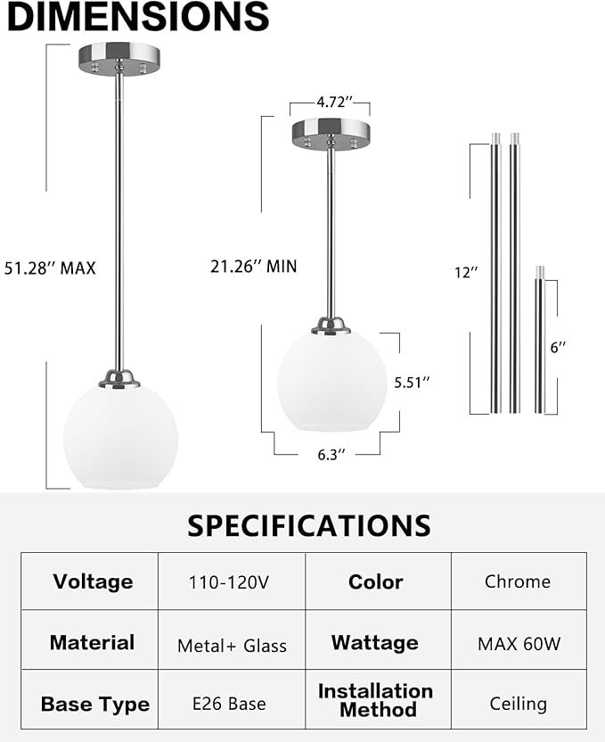 Modern Pendant Light Fixtures 2 Pack, Chrome Pendant Lights with Frosted Glass Shade,Pendant Lights Kitchen Island, Kitchen Pendant Lighting Over Island, Hanging Lights for Kitchen