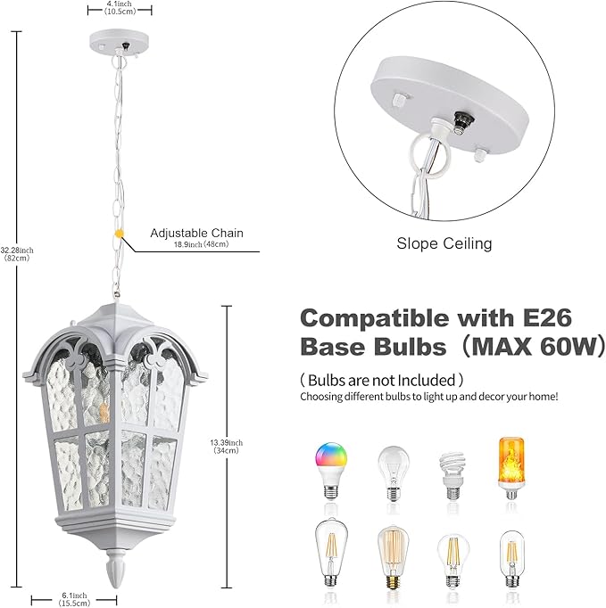 Dusk to Dawn Outdoor Pendant Light for Porch Patio Garden Yard, Anti-Rust Aluminium Exterior Hanging Light Fixtures, Outside White Hanging Ceiling Light, Height Adjustable Outdoor Pendant Lamp