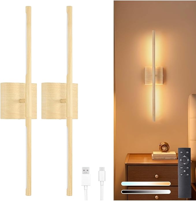 Shenmoyl Battery Operated Wall Sconce Set of 2, 8000mAh Rechargeable Wall Sconces, 3000K-6000K Dimmable, 350°Rotate, Indoor Wall Lights for Bedroom Living Room, Original Wood, 23.6 Inch