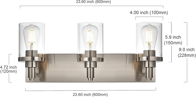 Modern Bathroom Vanity Lights,3-Lights Wall Sconce Lighting E26 Base Brushed Nickel Industrial Wall Light with Clear Glass Shade Bathroom Light Fixtures for Mirror Bedroom Kitchen Hallway