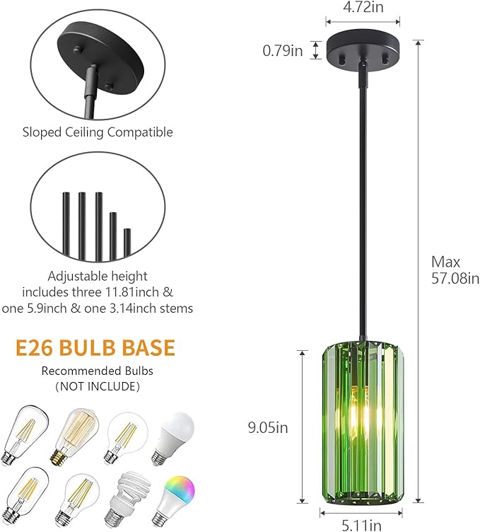 Modern Crystal Pendant Light Mini Dark Green Chandeliers Adjustable Pendant Lights Fixture for Kitchen Island Dinning Room Corridor Bedroom(Dark Green 1-Pack)