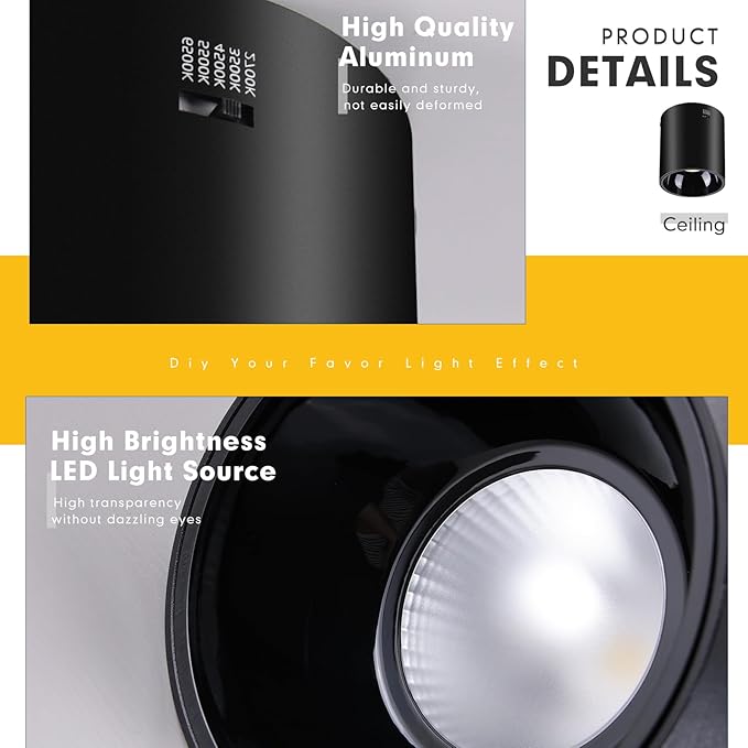 Ceiling Spot Lights Indoor 5-Color Dimmable Flush Mount Black Cylinder Down Light Modern LED Ceiling Light for Living Room Hallway Kitchen Dining Room Foyer