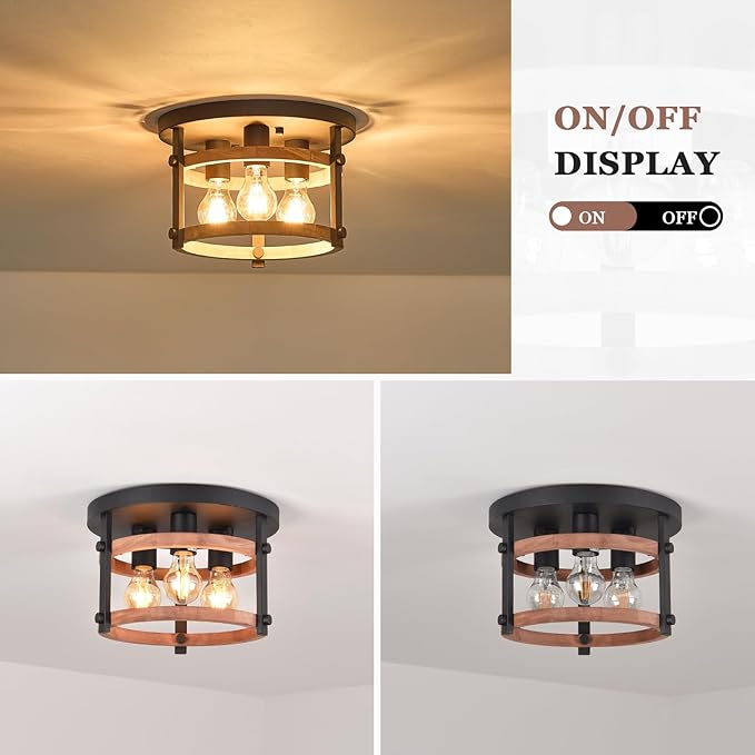 3-Light Flush Mount Wood Ceiling Light Black Metal and Round Wood Frame Hallway Ceiling Light 12 inch Retro Rustic Light Fixtures for Farmhouse, Kitchen, Foyer,Entryway, Bedroom, Dining Room
