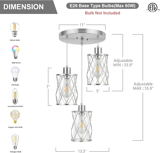 Refice 3-Light Pendant Lights Kitchen Island, Brushed Nickel Kitchen Cluster Hanging Pendant Lights with Clear Glass, Modern Cage Chandelier Light Fixture for Sink Dining Room Bedroom Bar