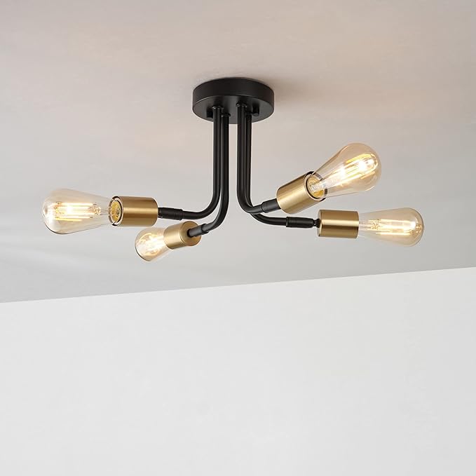 GLOBE Electric 66000072 4-Light Adjustable Socket Semi-Flush Mount Ceiling Light, Matte Black, Matte Brass Accents, Ceiling Light Fixture, Home Improvement, E26 Base, Pivot Joint, Exposed Socket