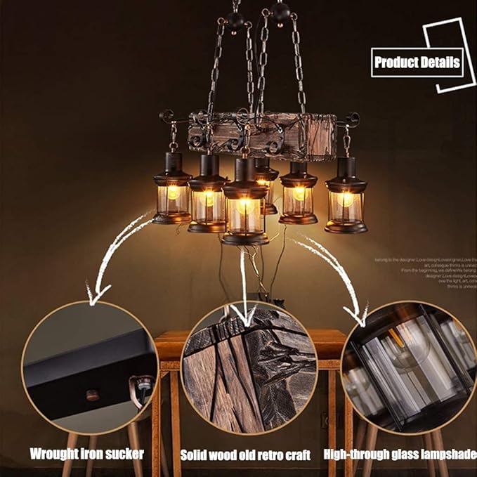Farmhouse Lighting Industrial Rustic Wood Beam Linear Island Pendant Light Chandelier Lighting Hanging Ceiling Fixture 6-Light