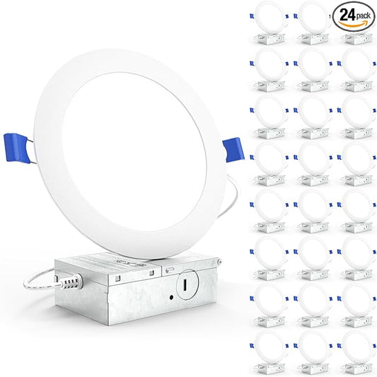 Sunco 24 Pack Recessed Lighting 6 Inch LED, Canless Ceiling Lights Slim with Junction Box, 1200 LM, 14W (100W Equivalent), 5000K Daylight, Dimmable, Wafer Thin, 50000 Lifetime Hours ETL
