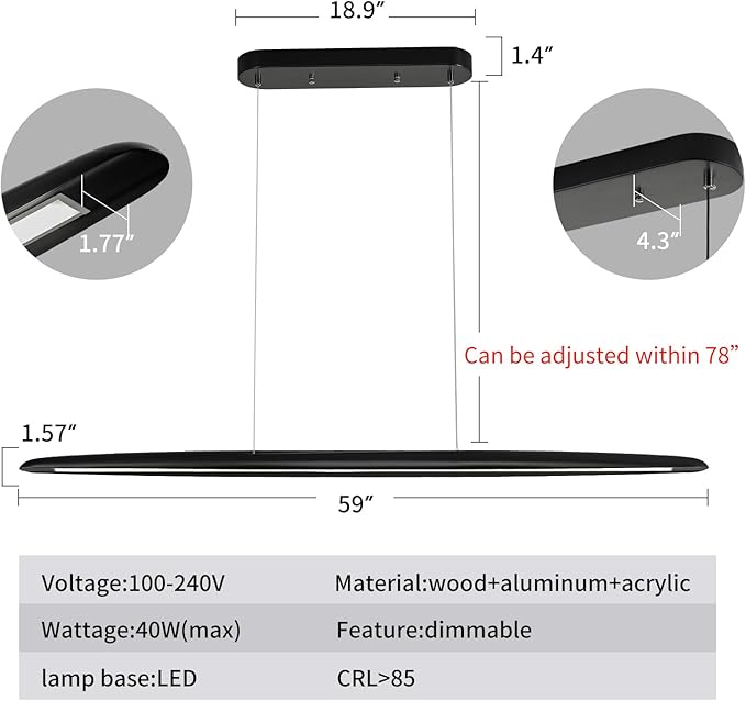 YISDESIGN 59inch Integrated Led Pendant Light 40w Dimmable Wood Black Linear Pendant Lighting Led Modern Island Light with Black Finish for Living Room Dining Room Billiard & Pool Lights