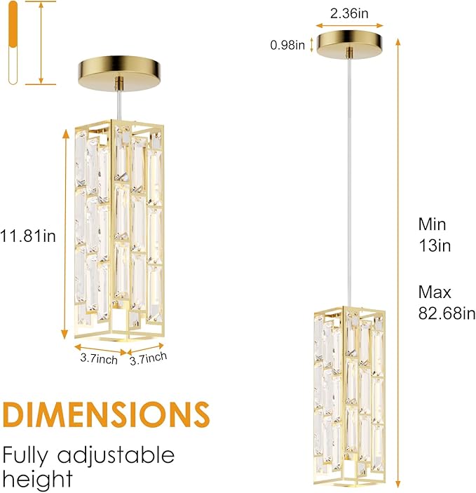 Brass Pendant Lights Modern Pendant Light Fixture, Mini Crystal Pendant Ceiling Light, Pendant Light for Kitchen Island, Dinning Room, Bedroom, Kitchen Sink Lighting (3-Pack)