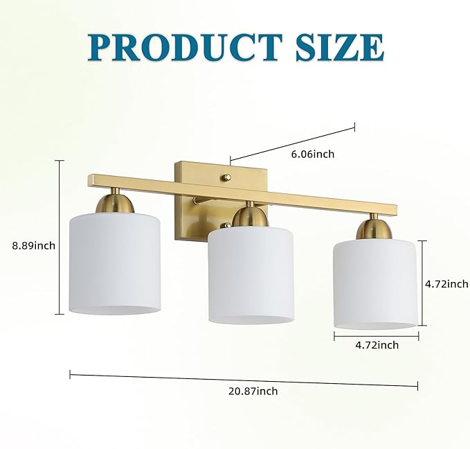 Mecgirn Stainless Steel Milk Glass Vanity Lights for Bathroom, 3 Light Gold Bathroom Light Fixtures Over Mirror, Ceramic E26 Sockets Wall Mounted