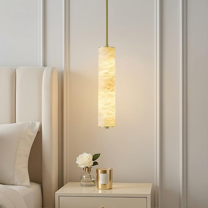 LMQNINE Natural Alabaster Pendant Lights White Marble 15" Long Tube Adjustable Boom Chandelier Modern 3000K Gold Ceiling Light for Kitchen Island Bedroom Dining Room Living Room Hallway(S-2Pack)