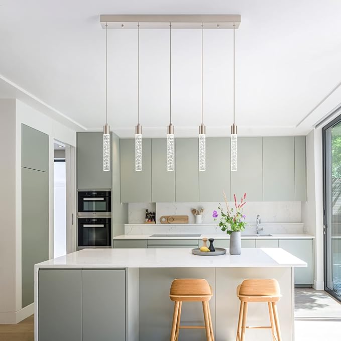 Modern Pendant Lights Kitchen Island,Brushed Nickel Crystal Chandelier Lights, Switch 3000-4000-6000K Dimmable Kitchen Pendant Lighting for Kitchen Island, Dining Room, Bar Counter