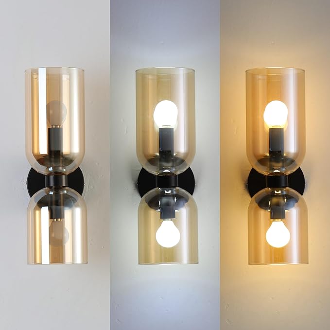 Modern Glass Wall Sconces- Double Head Wall Lighting with Long Short Glass Shades- Bathroom Vanity Light Mid-Century Up Down Hardwired Wall Lamp Indoor for Bedroom Hallway Living (Black-Amber)