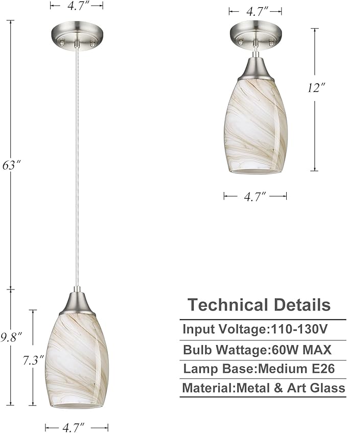 karyfine Mini Pendant Lights Kitchen Island Beige Marble Glass Lamp Shade Hand Blown Glass Pendant Light with Brush Nickel Finish Adjustable Cord for Kitchen Over Sink Hallway,Dining Room