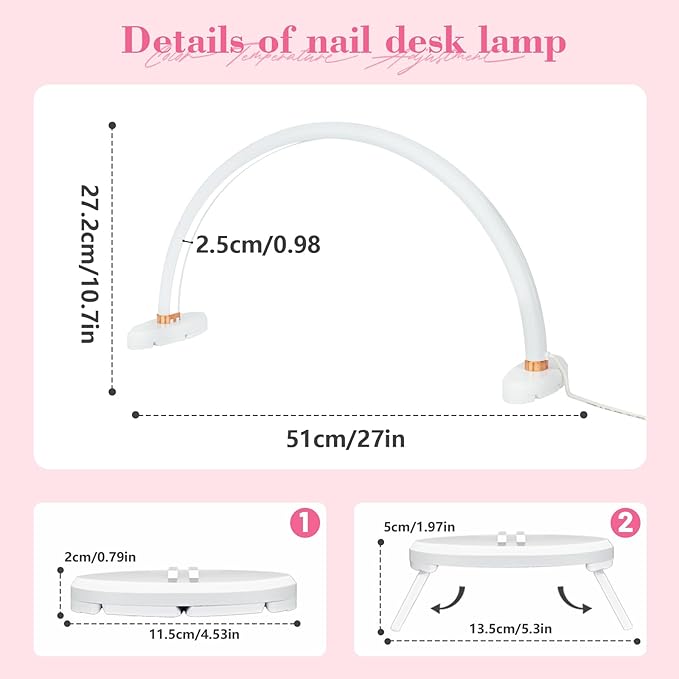 Half Moon Light for Nail Desk 20 inch Nail Desk Light Half Moon Lamp Portable Arch Lamp Dimmable with Foldable Bracket for Desk Salon Table Use, 3 Color Temperature