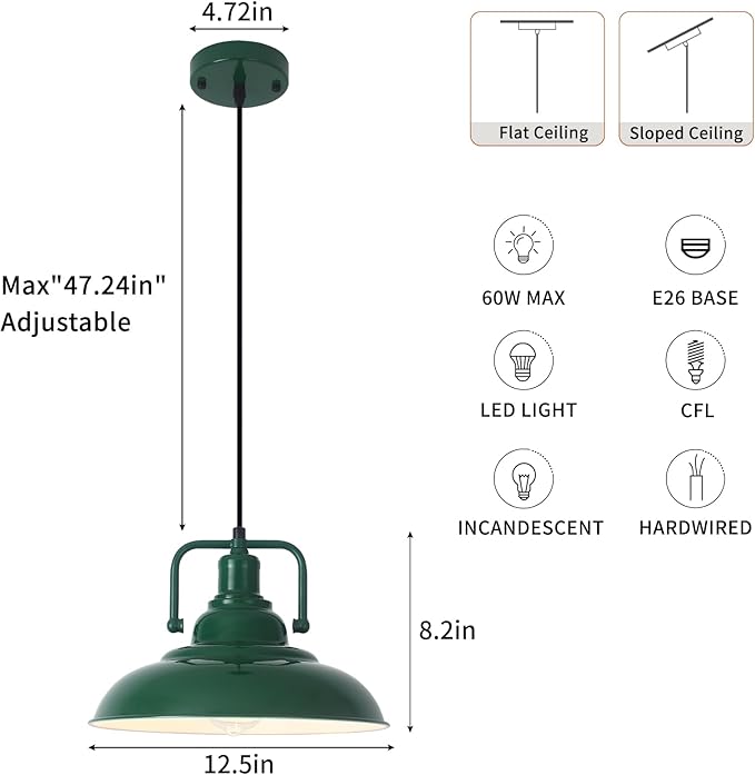 Farmhouse Pendant Light, 12.5inch, 3 Packs Green Kitchen Pendant Lights, Island Pendant Lights, Pendant Lights Kitchen Island, Pendant Light for Bedroom, Office, Kichen Sink, Library