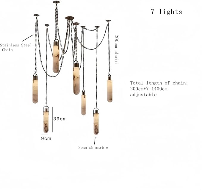 RUIBO Alabaster 7 Light LED Multi-Drop Hanging Pendant Lighting,Cylinder Natural Marble Multi Light Pendant Lights,Living Dining Room Loft Bedroom Modern LED Hanging Lamps(E14)