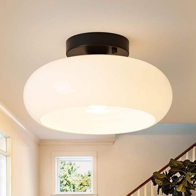 Semi Flush Mount Ceiling Light, Mid Century Modern Black Light Fixture with Milk Glass Shade 11.02''Vintage Ceiling Lamp for Entryway Hallway Foyer, Laundry Room, Schoolhouse