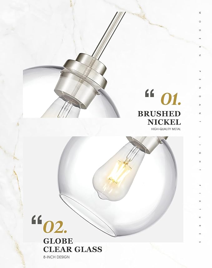2 Pack Pendant Lights Kitchen Island, 8" Brushed Nickel Pendant Light Fixtures with Globe Clear Glass Shade, Modern Kitchen Island Lighting for Bathroom, AD-22280-2PL-SN