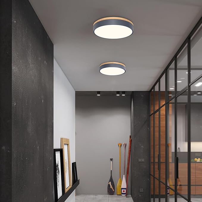 WOKNOS Dimmable Wood Oak Ceiling Light Fixture Modern Gray LED Flush Mount Ceiling Light 5CCT Minimalist Circle Close to Lighting Fixture for Bedroom Kitchen Bathroom Laundry Room 11.81 Inch